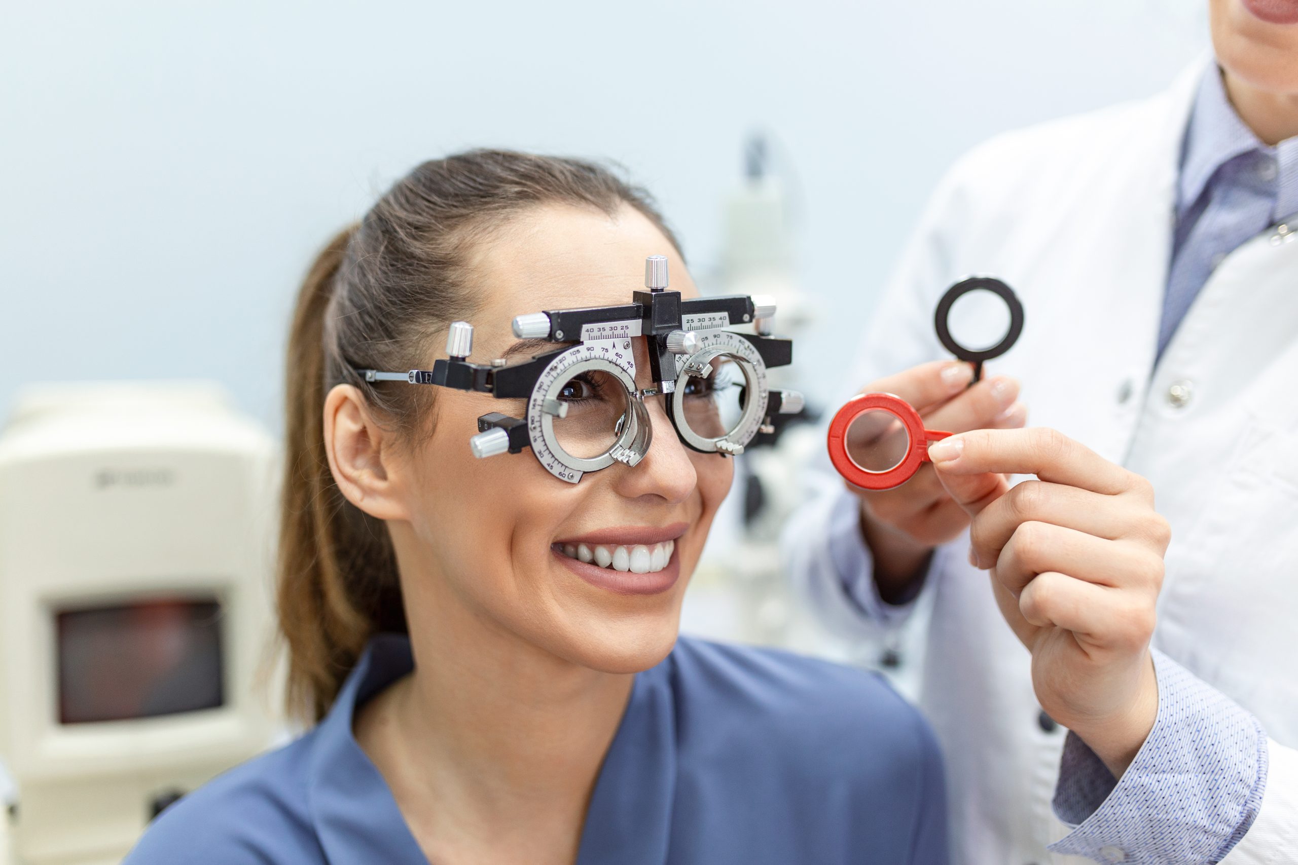 Dr. Joseph Schkolnick performing an eye exam at Caldwell Vision Center